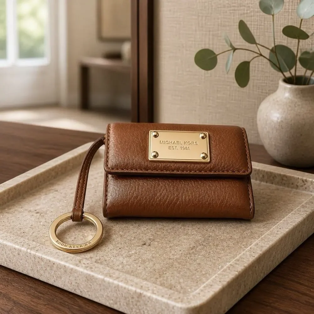 Michael Kors Fulton Small Pebbled Leather Keychain Wallet Brown ID Case & Coin